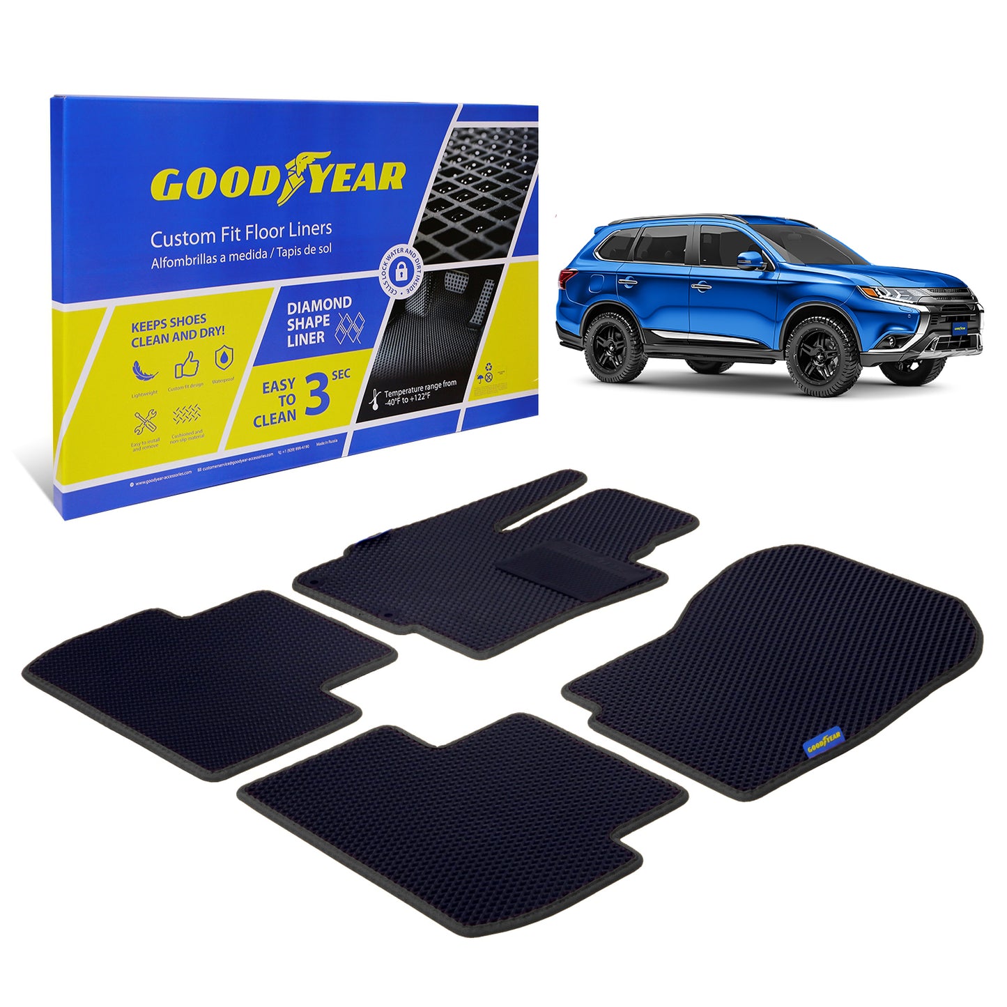 Goodyear Custom Fit Car Floor Liners For Mitsubishi Outlander 2014-2020 Black/Black 5 Pc. Set All-Weather Diamond Shape Liner Traps Dirt Liquid Precision Interior Coverage - GY004177