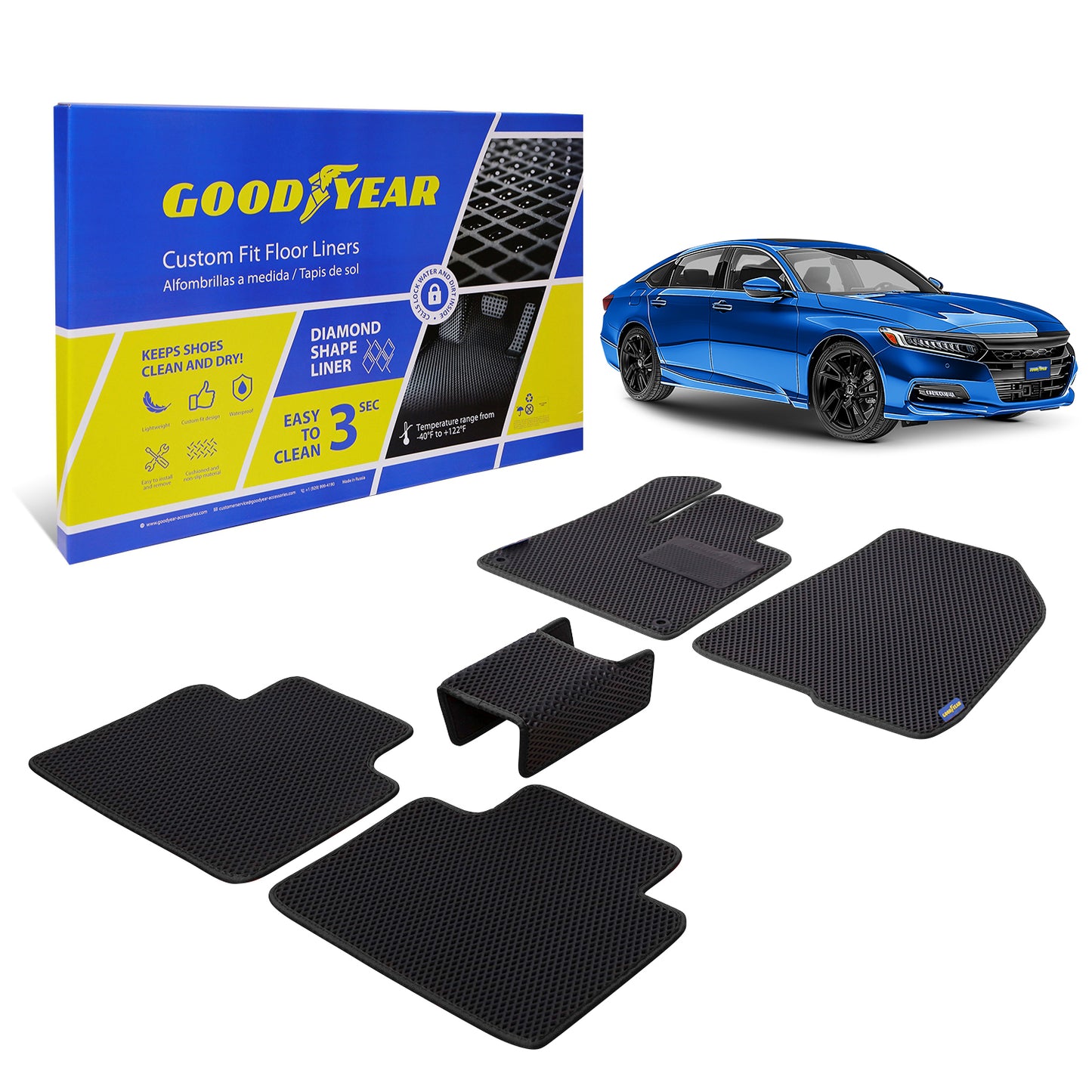 Goodyear Custom Fit Car Floor Liners For Honda Accord 2018-2021 Black/Black 5 Pc. Set All-Weather Diamond Shape Liner Traps Dirt Liquid Precision Interior Coverage - GY004216
