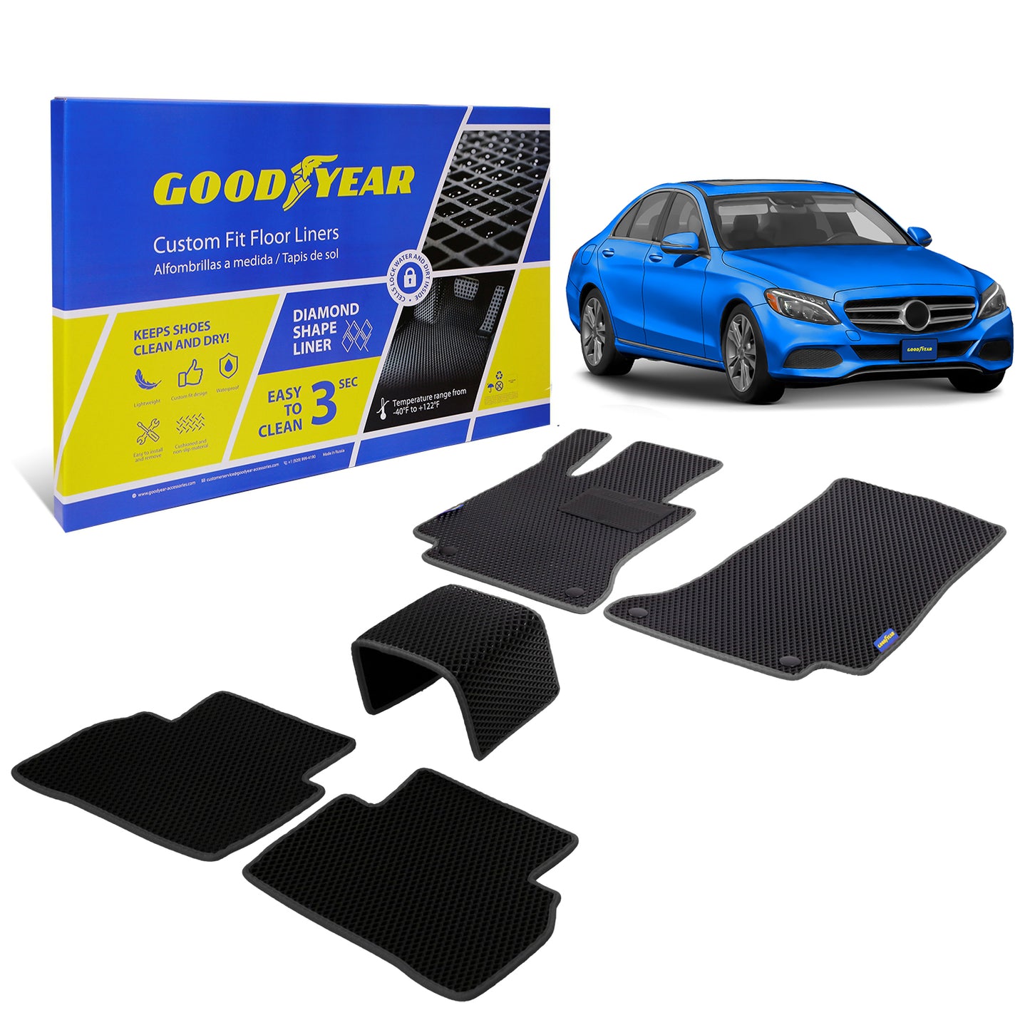 Goodyear Custom Fit Car Floor Liners For Mercedes C-Class 2015-2021 Sedan Black/Black 5 Pc. Set All-Weather Diamond Shape Liner Traps Dirt Liquid Precision Interior Coverage - GY004222