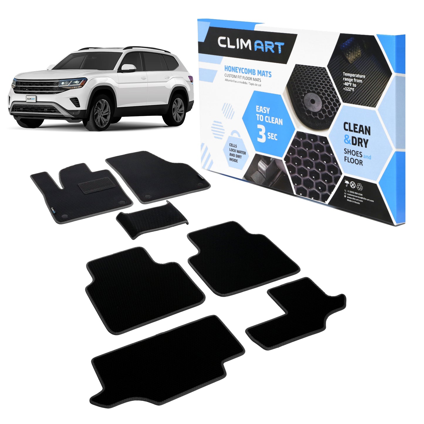 Goodyear Custom Fit Car Floor Liners For Volkswagen (VW) Atlas 2018-2021 Black/Black 7 Pc. Set All-Weather Diamond Shape Liner Traps Dirt Liquid Precision Interior Coverage - GY004243
