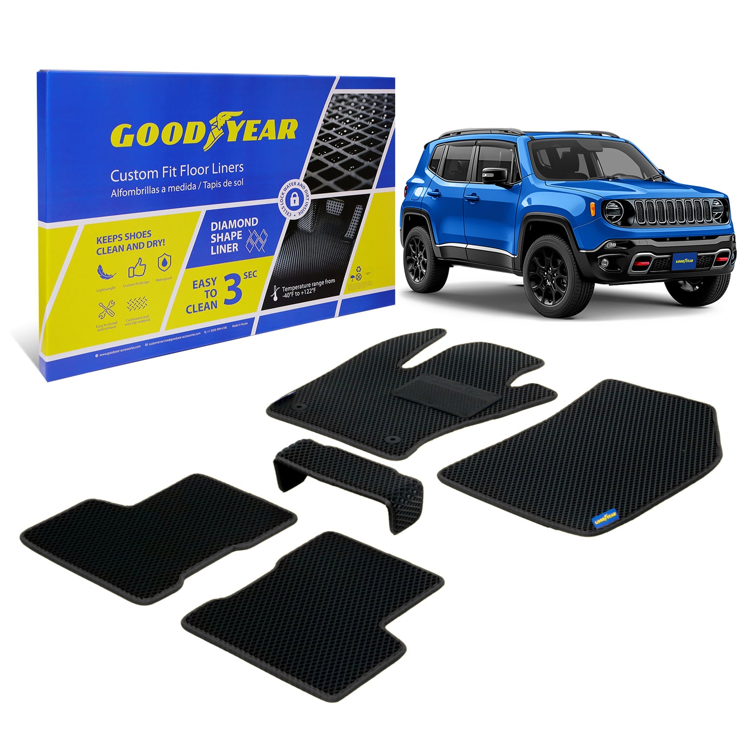 Goodyear Custom Fit Car Floor Liners For Jeep Renegade 2015-2021 Black/Black 5 Pc. Set All-Weather Diamond Shape Liner Traps Dirt Liquid Precision Interior Coverage - GY004246