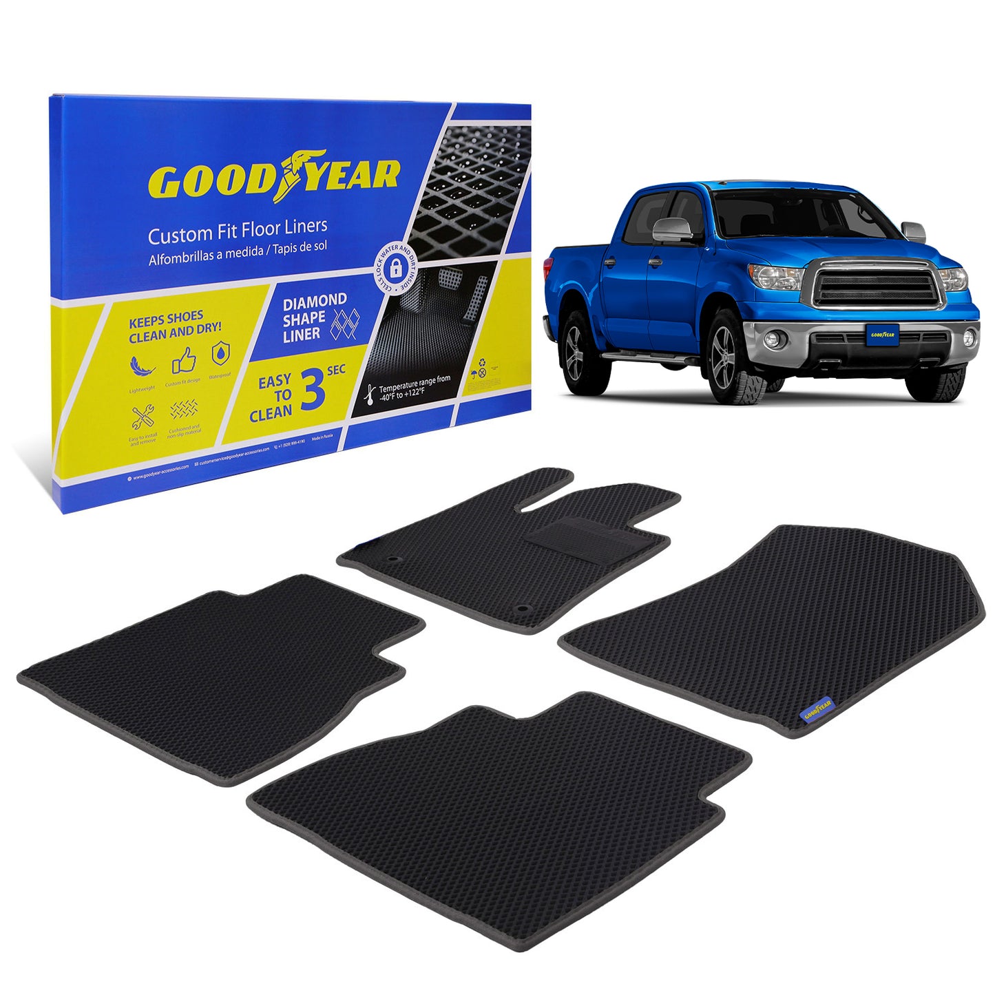 Goodyear Custom Fit Car Floor Liners For Toyota Tundra 2010-2013 CrewMax Black/Black 4 Pc. Set All-Weather Diamond Shape Liner Traps Dirt Liquid Precision Interior Coverage - GY004252