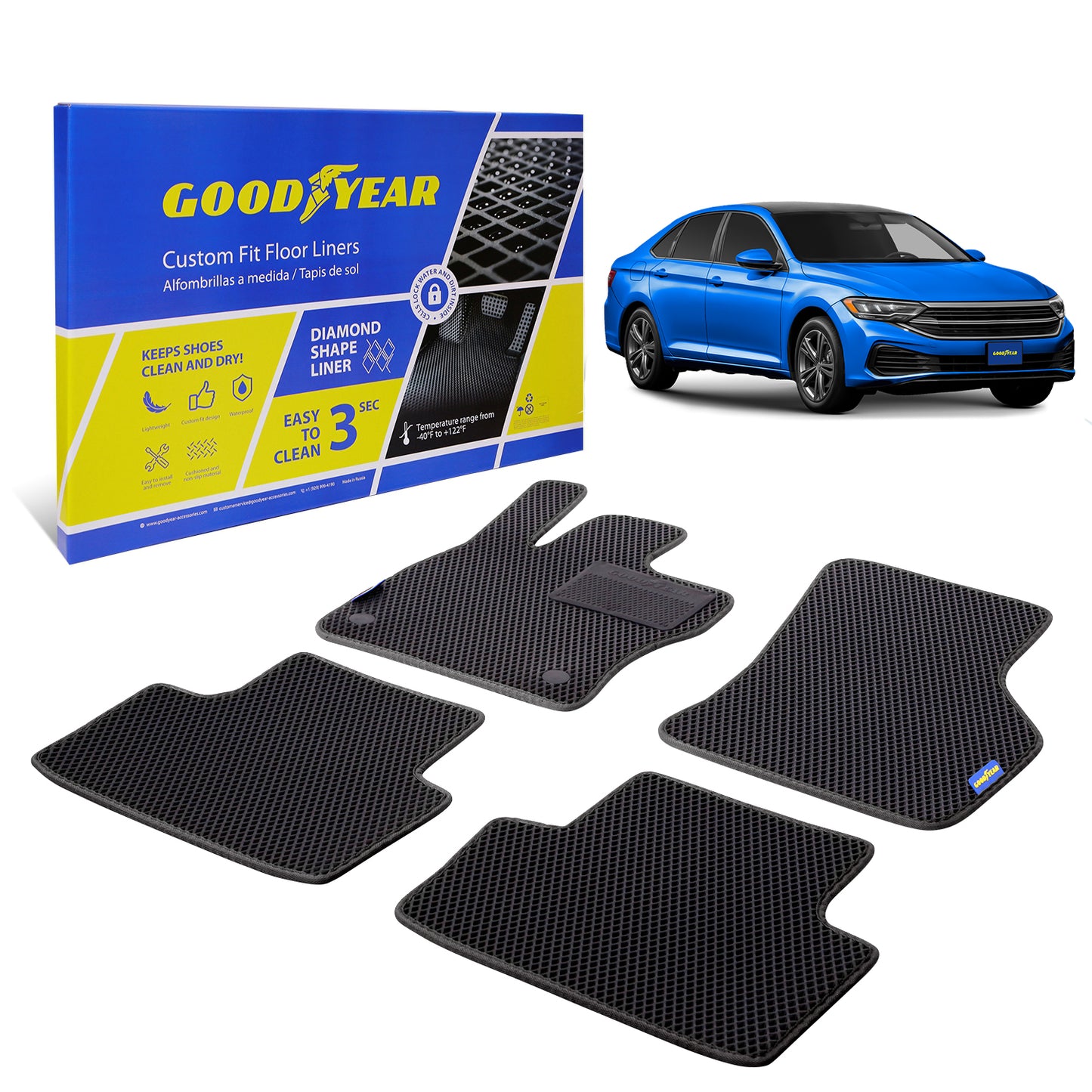 Goodyear Custom Fit Car Floor Liners For Volkswagen (VW) Jetta 2019-2021 Black/Black 4 Pc. Set All-Weather Diamond Shape Liner Traps Dirt Liquid Precision Interior Coverage - GY004279