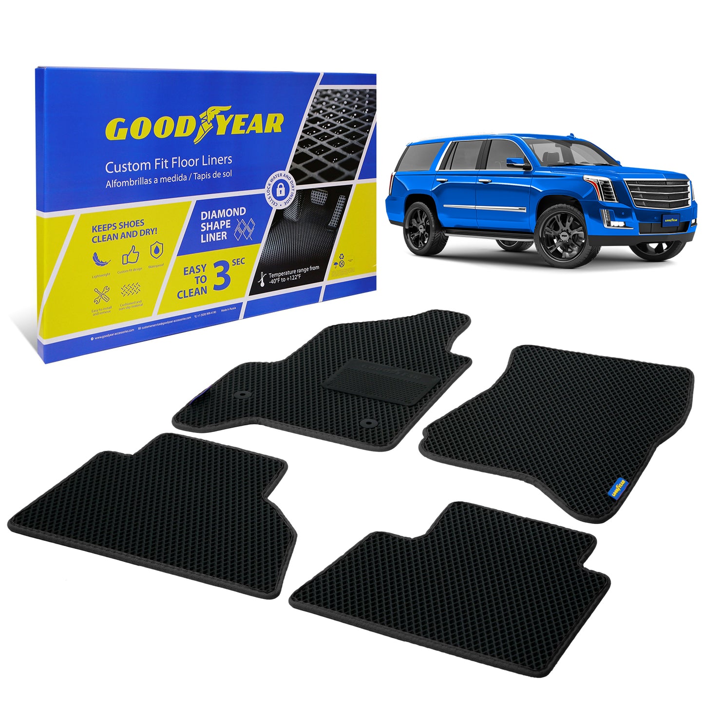 Goodyear Custom Fit Car Floor Liners For Cadillac Escalade 2015-2020 Black/Black 4 Pc. Set All-Weather Diamond Shape Liner Traps Dirt Liquid Precision Interior Coverage - GY004285