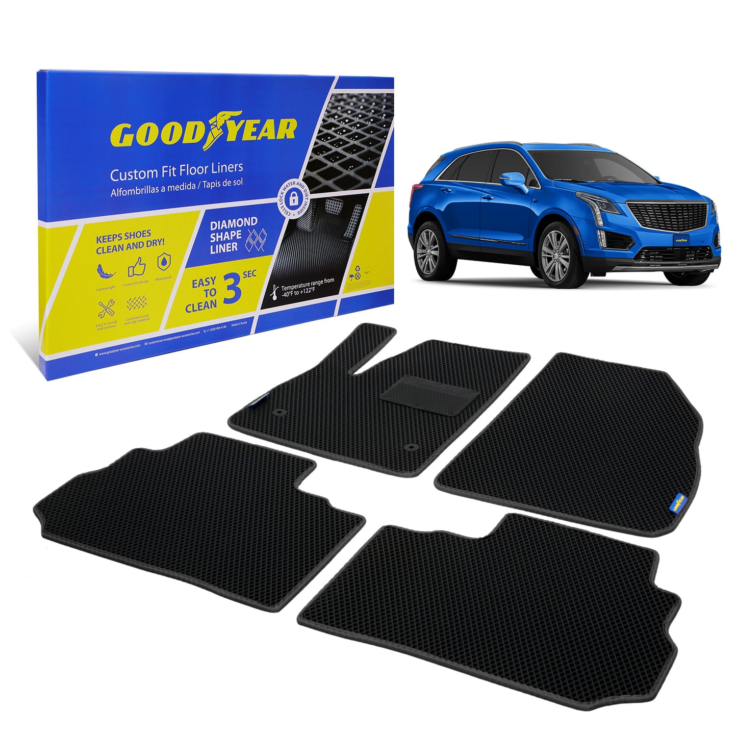 Goodyear Custom Fit Car Floor Liners For Cadillac XT5 2017-2021 Black/Black 4 Pc. Set All-Weather Diamond Shape Liner Traps Dirt Liquid Precision Interior Coverage - GY004288