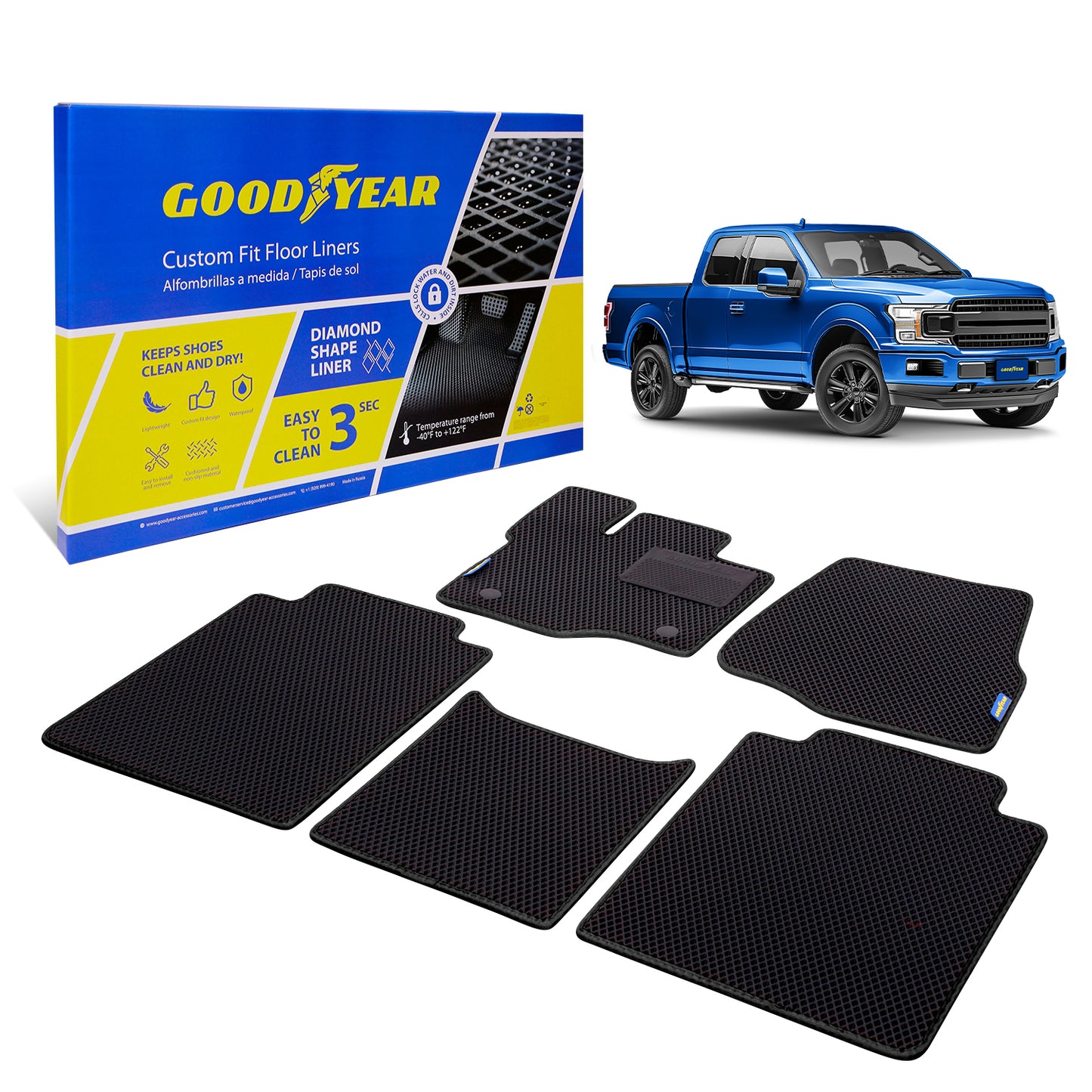Goodyear Custom Fit Car Floor Liners For Ford F-150 2015-2021 SuperCab Black/Black 5 Pc. Set All-Weather Diamond Shape Liner Traps Dirt Liquid Precision Interior Coverage - GY004303