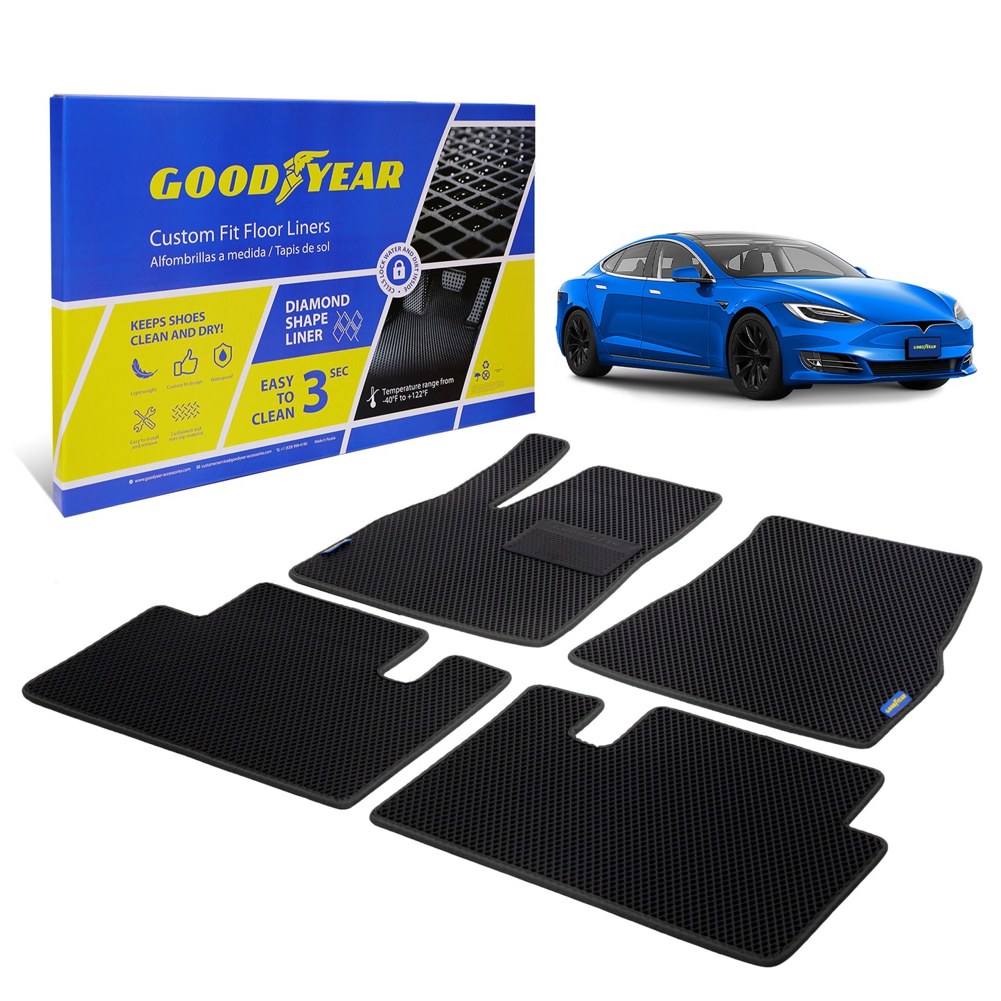 Goodyear Custom Fit Car Floor Liners For Tesla Model S 2014-2020 Black/Black 4 Pc. Set All-Weather Diamond Shape Liner Traps Dirt Liquid Precision Interior Coverage - GY004309