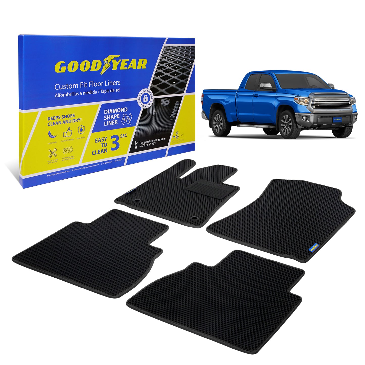 Goodyear Custom Fit Car Floor Liners For Toyota Tundra 2012-2021 Double Cab Black/Black 4 Pc. Set All-Weather Diamond Shape Liner Traps Dirt Liquid Precision Interior Coverage - GY004315