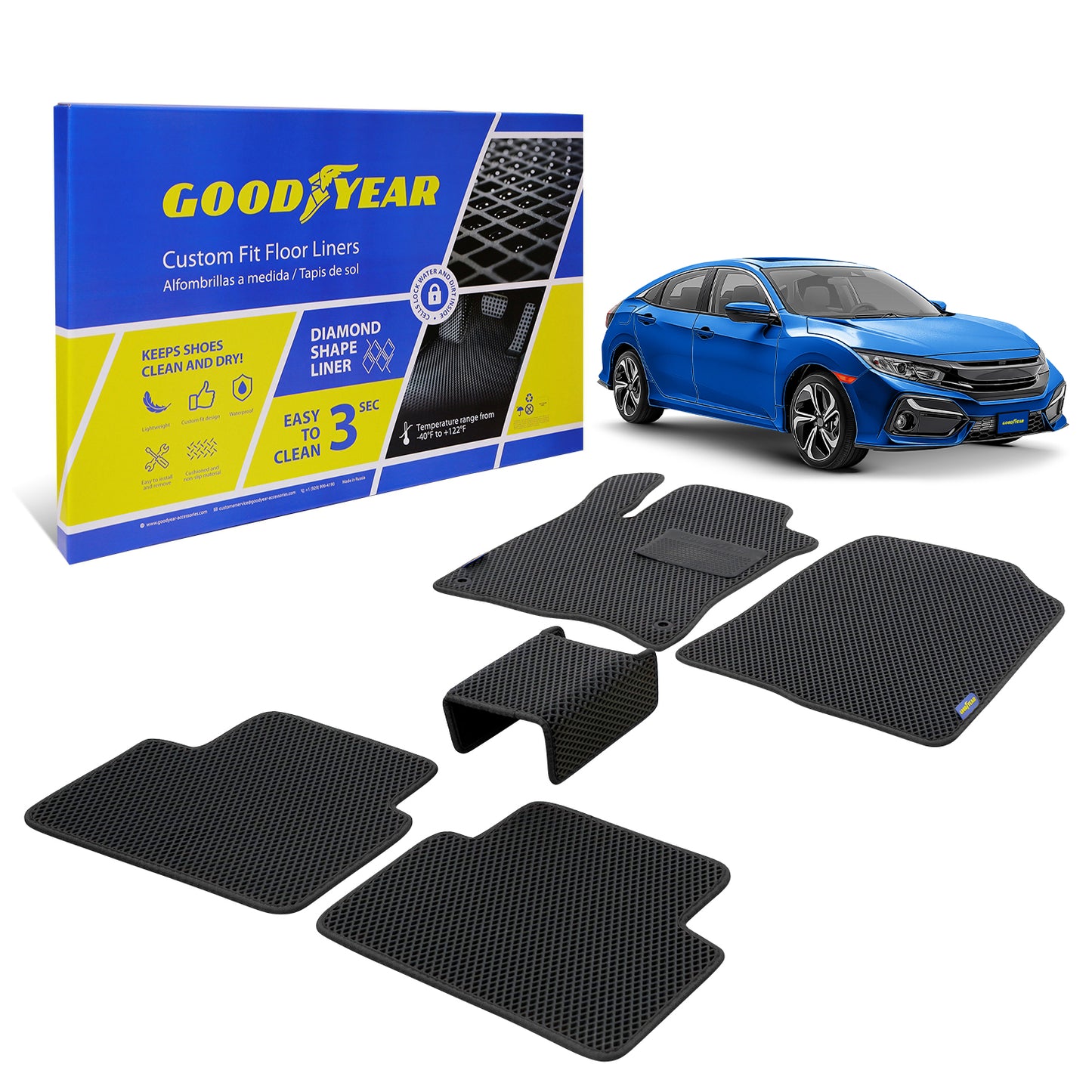 Goodyear Custom Fit Car Floor Liners For Honda Civic 2016-2021 Black/Black 5 Pc. Set All-Weather Diamond Shape Liner Traps Dirt Liquid Precision Interior Coverage - GY004339