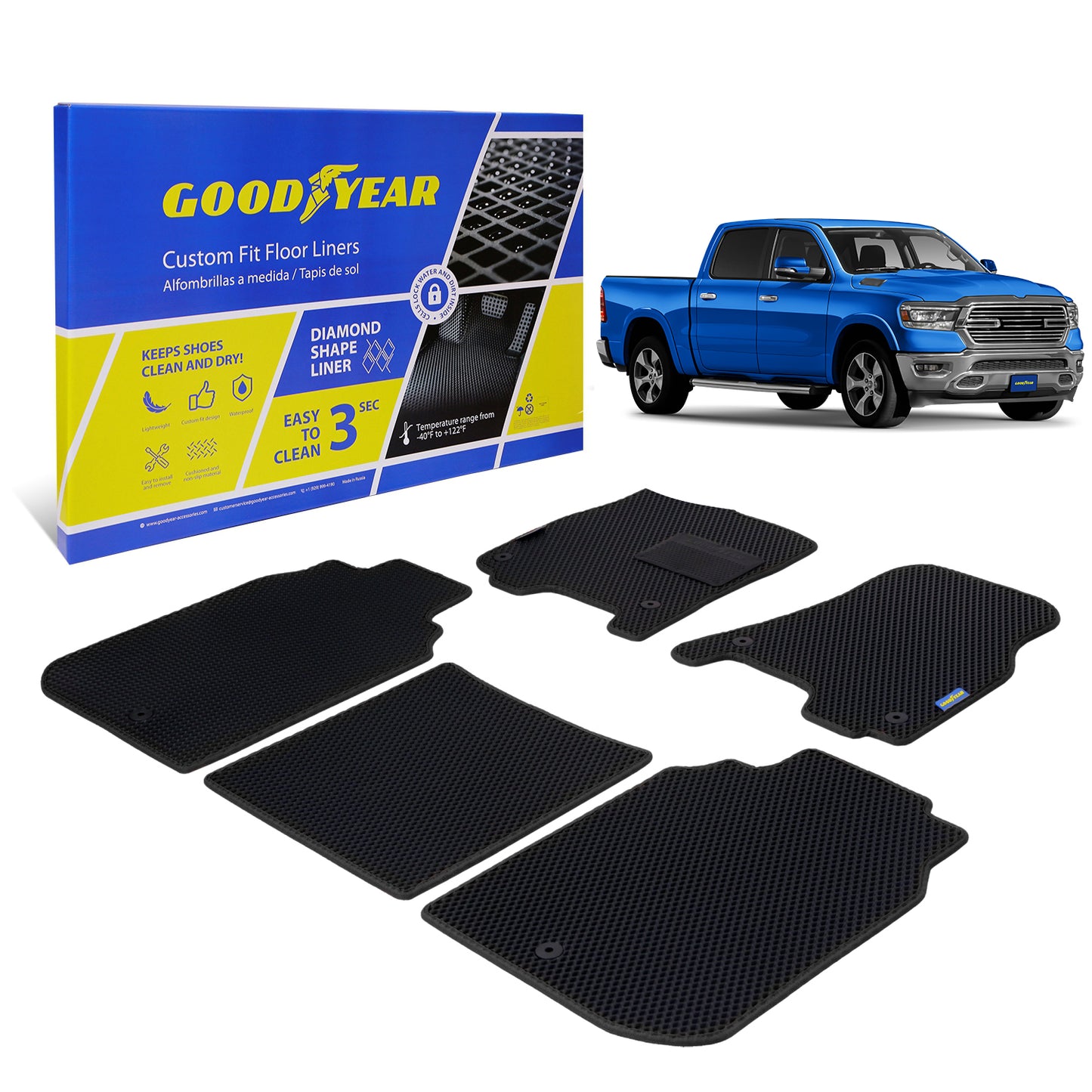 Goodyear Custom Fit Car Floor Liners For Dodge Ram 2500 2019-2021 Crew Cab Black/Black 5 Pc. Set All-Weather Diamond Shape Liner Traps Dirt Liquid Precision Interior Coverage - GY004351