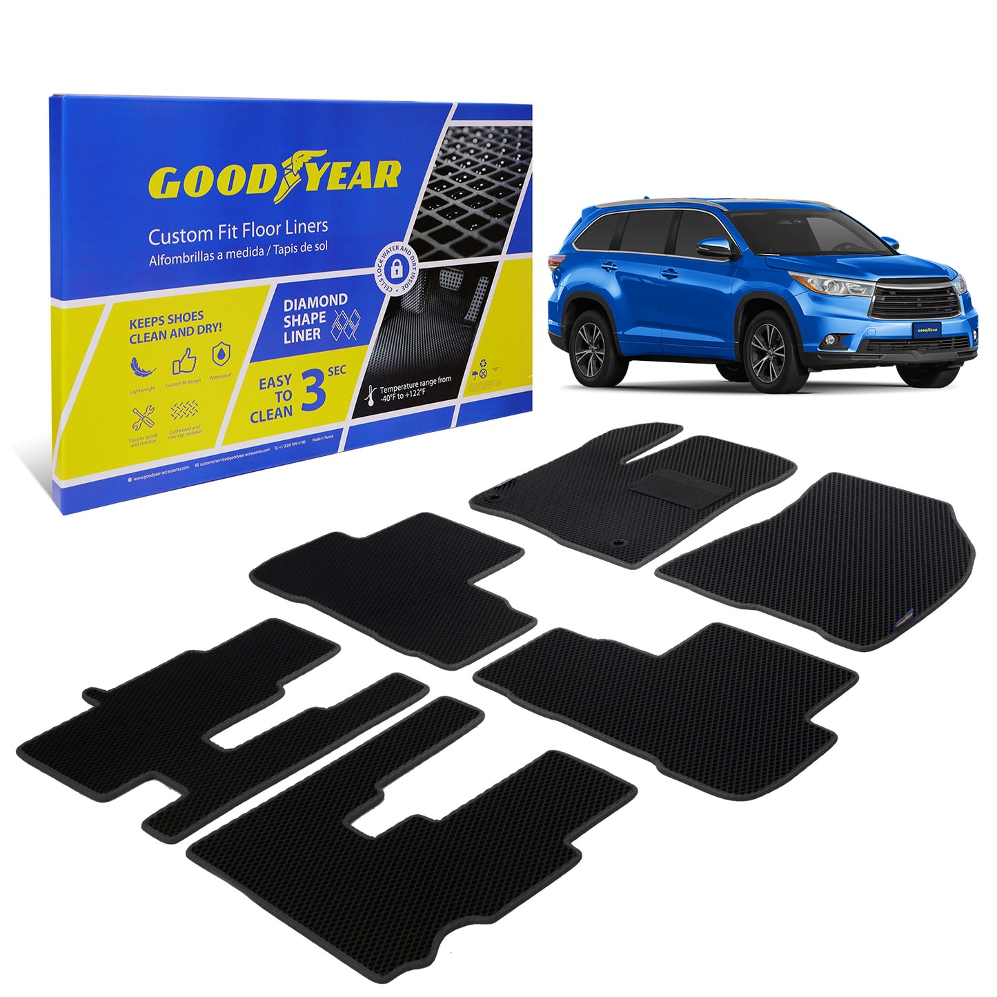 Goodyear Custom Fit Car Floor Liners For Toyota Highlander 2014-2019 Black/Black 6 Pc. Set All-Weather Diamond Shape Liner Traps Dirt Liquid Precision Interior Coverage - GY004354