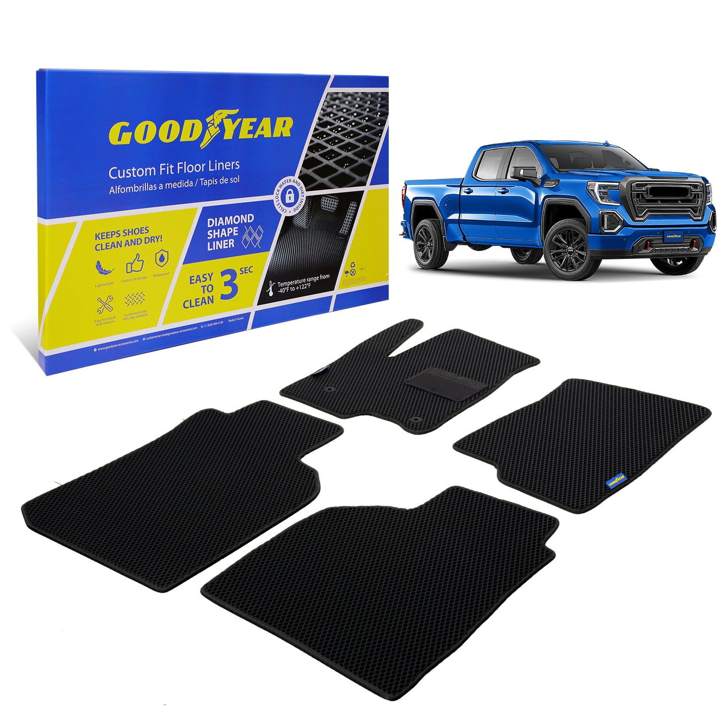 Goodyear Custom Fit Car Floor Liners For Chevrolet (Chevy) Silverado/GMC Sierra 2019-2021 Double Cab Black/Black All-Weather Diamond Shape Liner Traps DirtPrecision Interior Coverage - GY004372