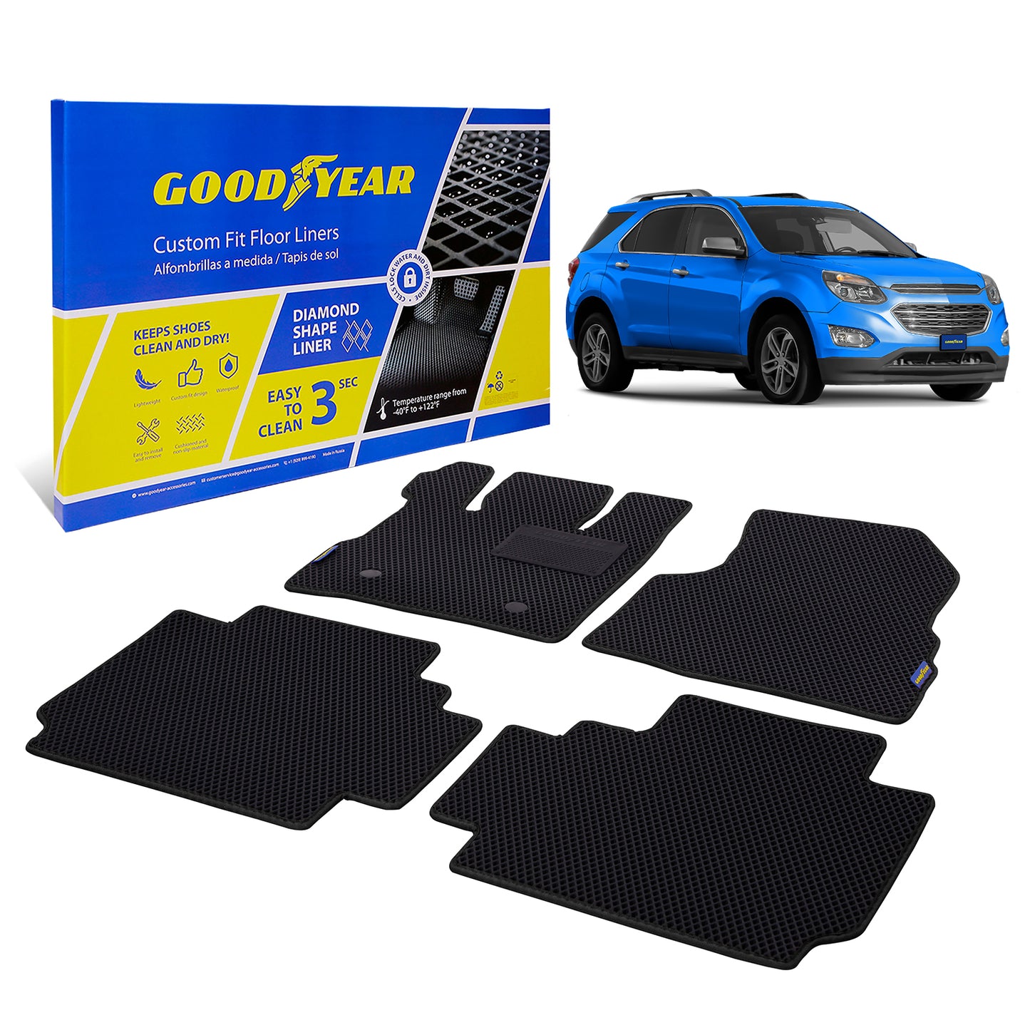 Goodyear Custom Fit Car Floor Liners For Chevrolet (Chevy) Equinox 2011-2017 Black/Black 4 Pc. Set All-Weather Diamond Shape Liner Traps Dirt Liquid Rain Precision Interior Coverage - GY004375v