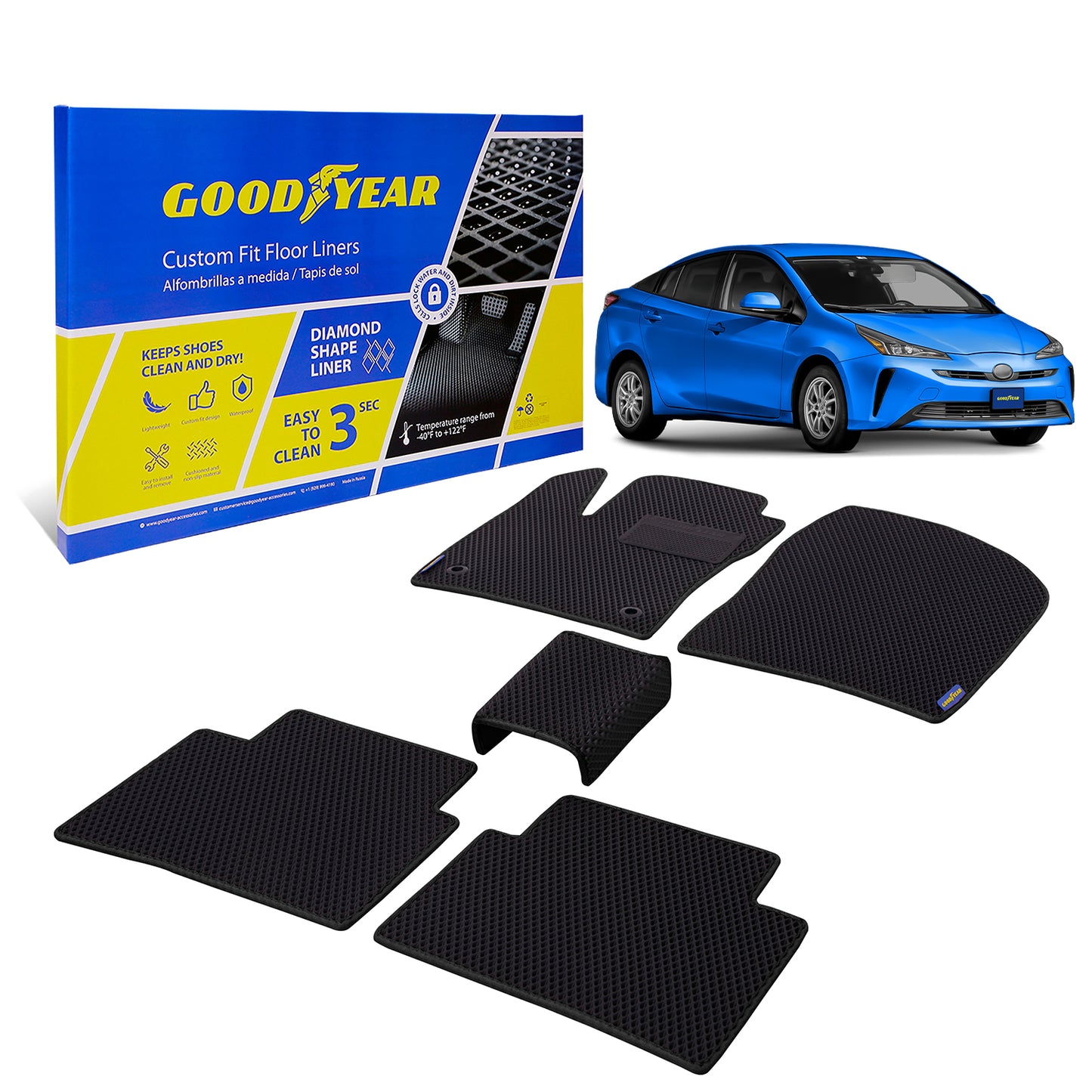 Goodyear Custom Fit Car Floor Liners For Toyota Prius 2016-2021 Black/Black 5 Pc. Set All-Weather Diamond Shape Liner Traps Dirt Liquid Rain And Dust Precision Interior Coverage - GY004390v