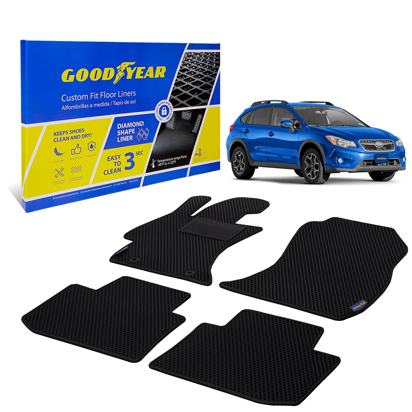 Goodyear Custom Fit Car Floor Liners For Subaru Impreza 2012-2016 Black/Black 4 Pc.Set All-Weather Diamond Shape Liner Traps Dirt Liquid Precision Interior Coverage - GY004405