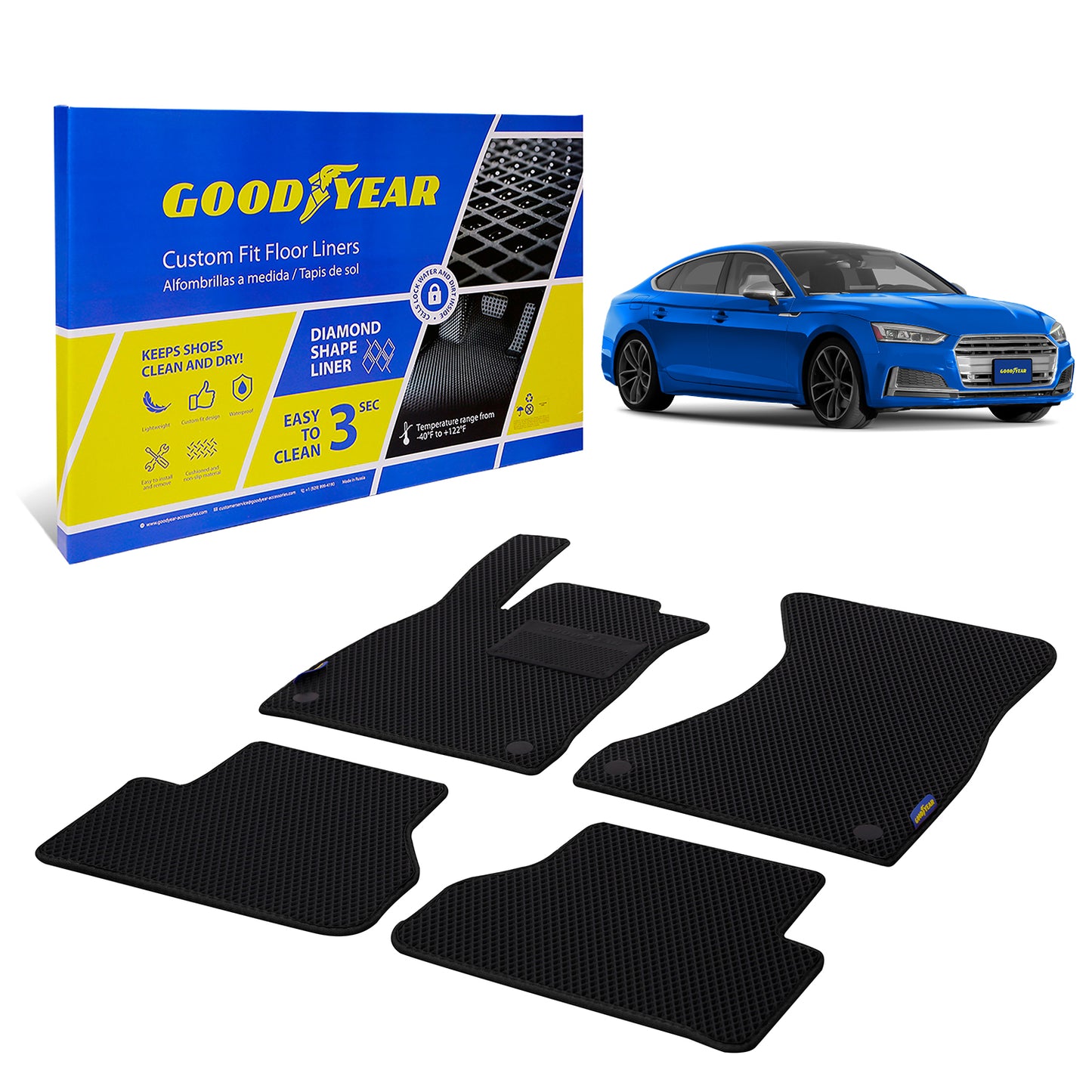 Goodyear Custom Fit Car Floor Liners For Audi A5 Sportback 2019-2021 Black/Black 4 Pc.Set All-Weather Diamond Shape Liner Traps Dirt Liquid Precision Interior Coverage - GY004408
