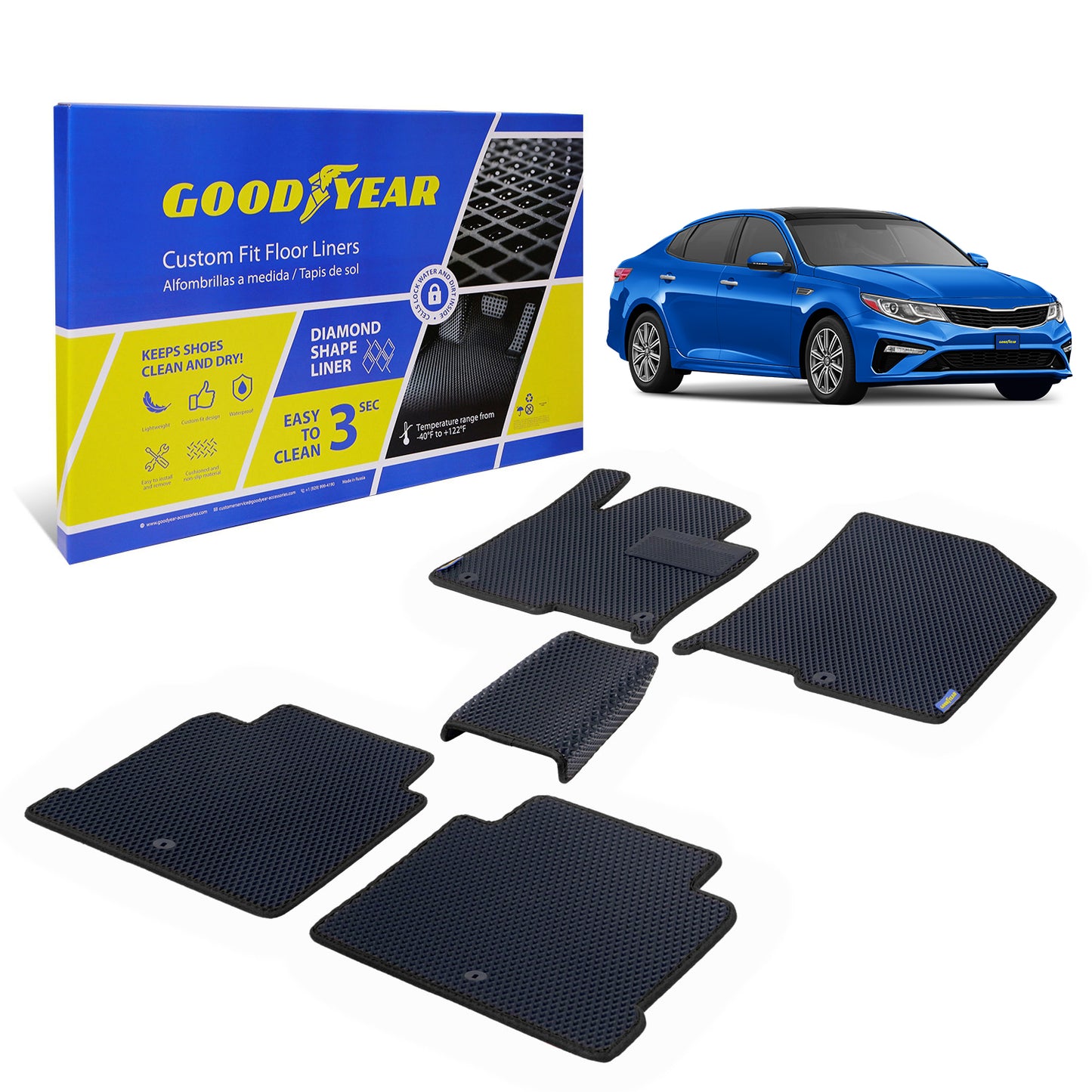 Goodyear Custom Fit Car Floor Liners For Kia Optima 2016-2020/Hyundai Sonata 2015-2019 Black/Black 5 Pc. SetAll-Weather Diamond Shape Liner Traps Dirt LiquidPrecision Interior Coverage- GY004414v