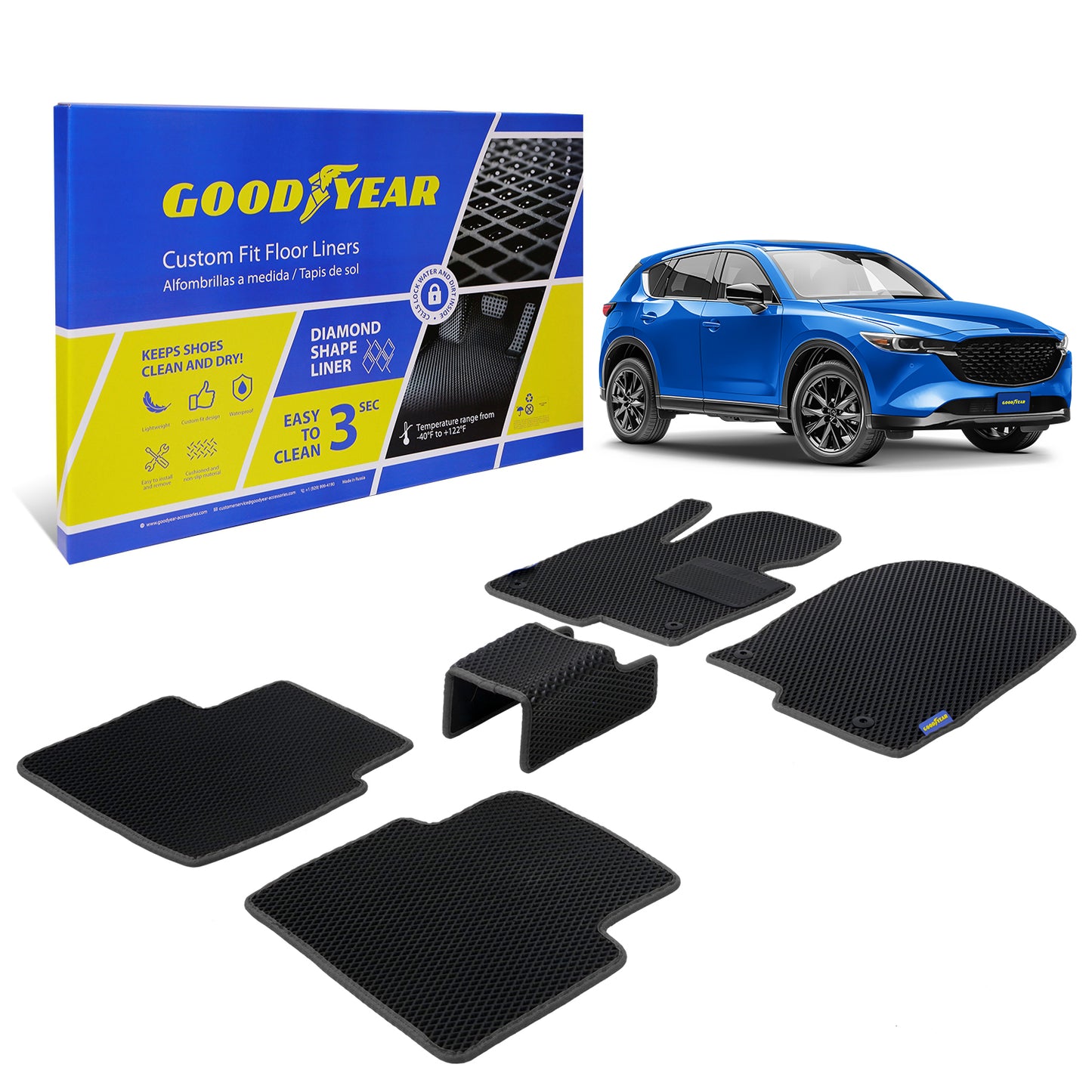 Goodyear Custom Fit Car Floor Liners For Mazda CX-5 2017-2021 Black/Black 5 Pc. Set All-Weather Diamond Shape Liner Traps Dirt Liquid Rain And Dust Precision Interior Coverage - GY004417