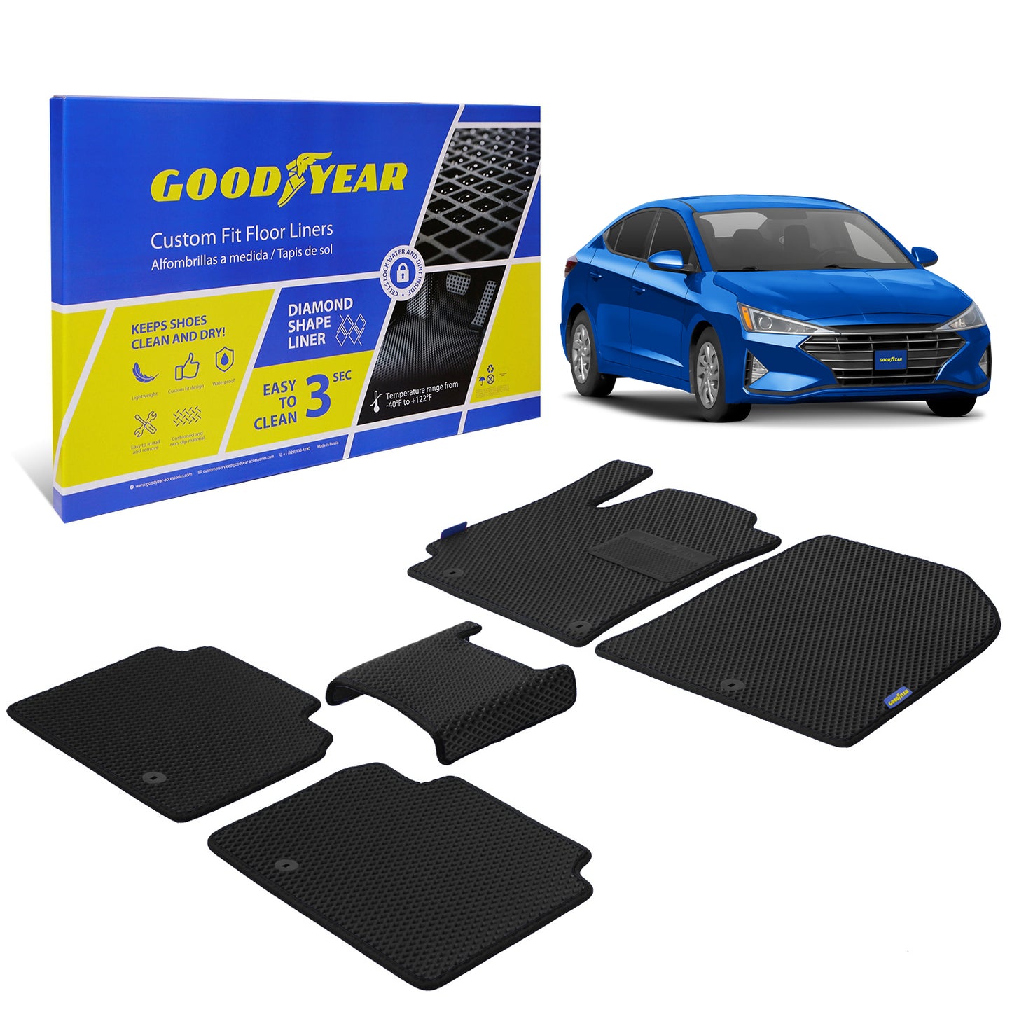 Goodyear Custom Fit Car Floor Liners For Hyundai Elantra 2017-2020 Black/Black 5 Pc. Set All-Weather Diamond Shape Liner Traps Dirt Liquid Rain And Dust Precision Interior Coverage - GY004418