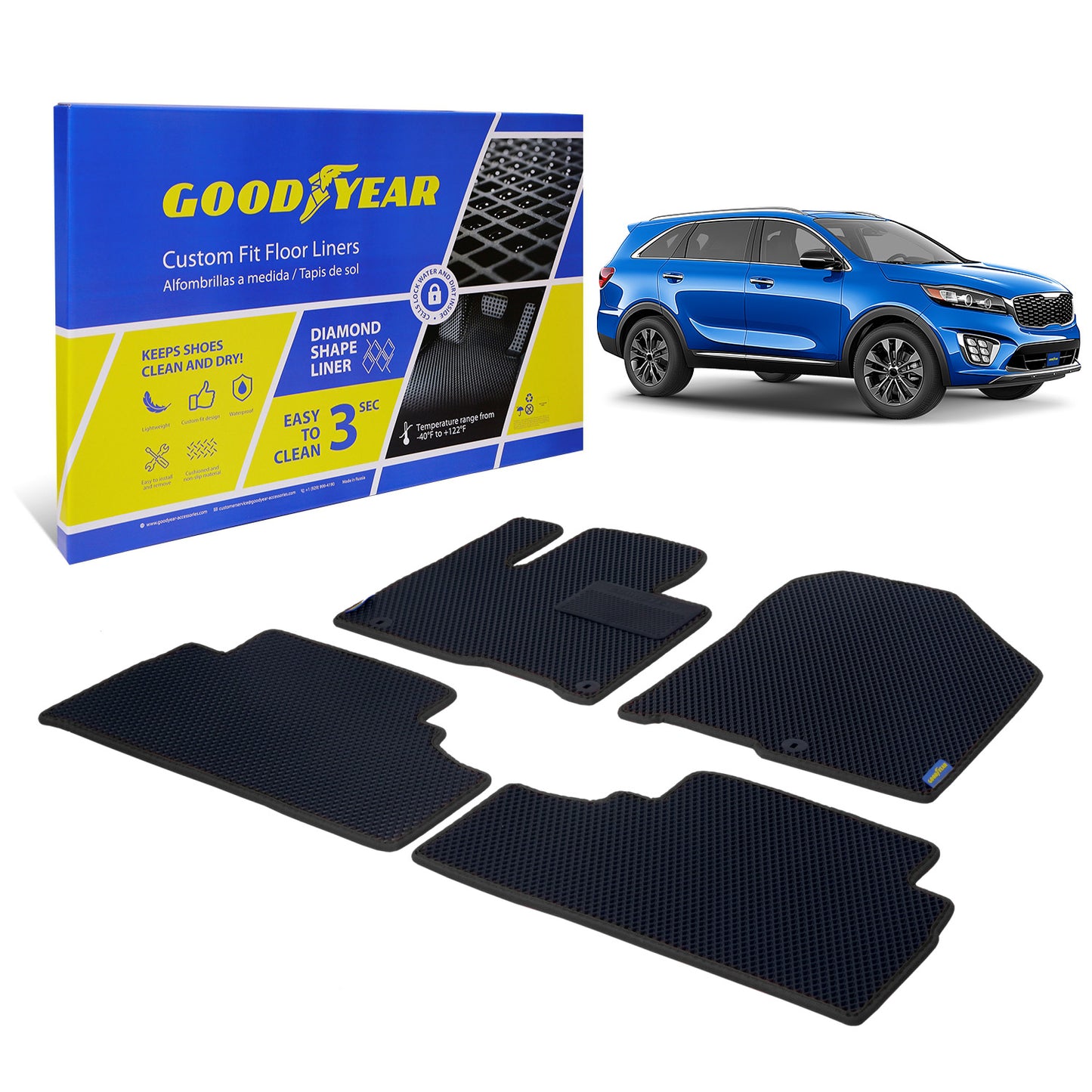 Goodyear Custom Fit Car Floor Liners For Kia Sorento 2016-2020 Black/Black 4 Pc. Set All-Weather Diamond Shape Liner Traps Dirt Liquid Rain And Dust Precision Interior Coverage - GY004419