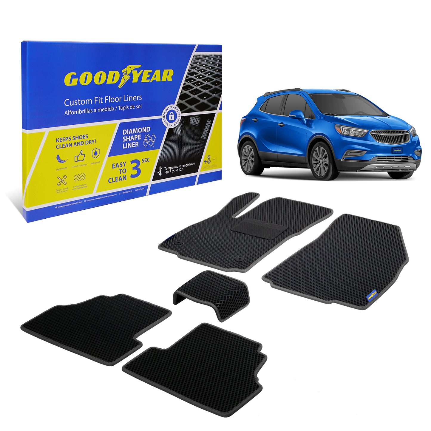 Goodyear Custom Fit Car Floor Liners For Chevrolet Trax 2015-2021/Buick Encore 2013-2021Black/Black 5 Pc. SetAll-Weather Diamond Shape Liner Traps DirtLiquid Precision Interior Coverage - GY004962