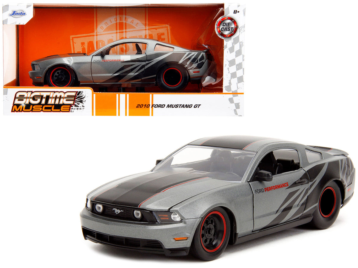 2010 Ford Mustang GT Matt Gray Metallic with Black Graphics and Stripes "Ford Performance" "Bigtime Muscle" Series 1/24 Diecast Model Car by Jada  free shipping USA