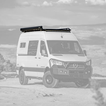 Explorer Roof Rack - Sprinter - 2019-25 Sprinter (Wheelbase & Roof Type: 144" High Roof; Front Light Options: Mounting Tabs For Baja Design OnX 50" ARC Lightbar (lights NOT Incl.); Install At Aluminess: No)