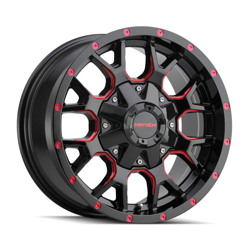 MAYHEM WARRIOR 8015 GLOSS BLACK MILLED PRISM RED 17X9 5-127/5-139.7 -12MM 87MM
