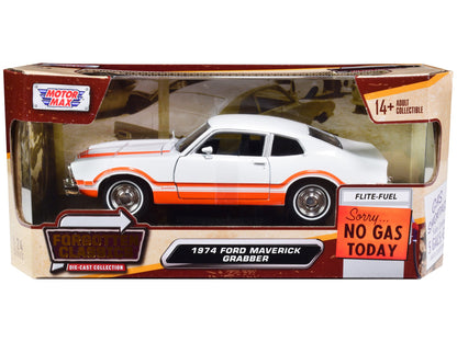1974 Ford Maverick Grabber White with Orange Stripes "Forgotten Classics" Series 1/24 Diecast Model Car by Motormax  free shipping USA
