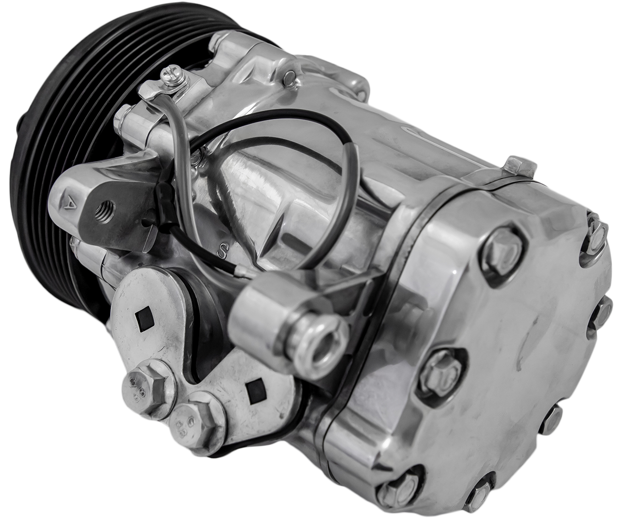 March Ultra Series Sanden 7176 AC Compressor  Polished  6 Rib Serpentine Clutch