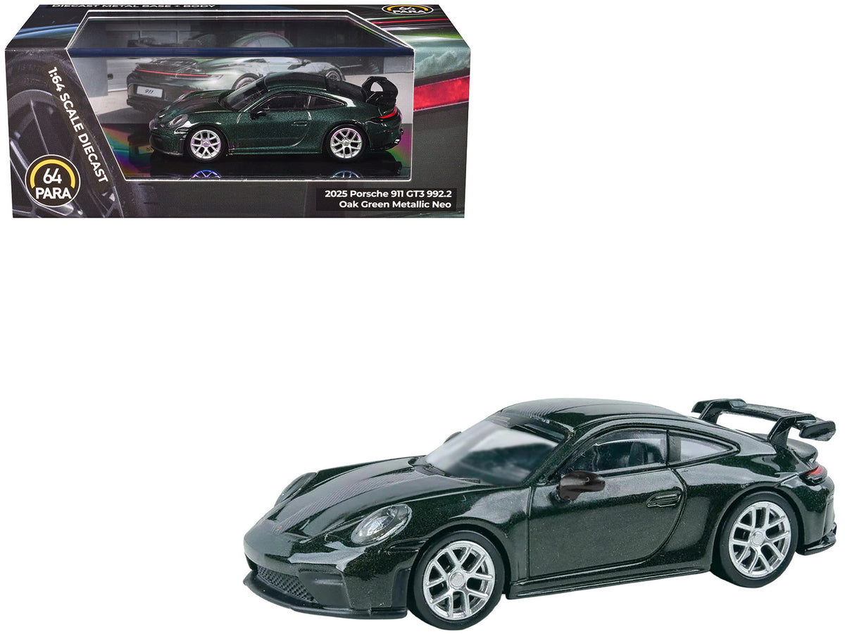 2025 Porsche 911 GT3 (992.2) Oak Green Metallic Neo with Carbon Stripe 1/64 Diecast Model Car by Paragon  free shipping USA