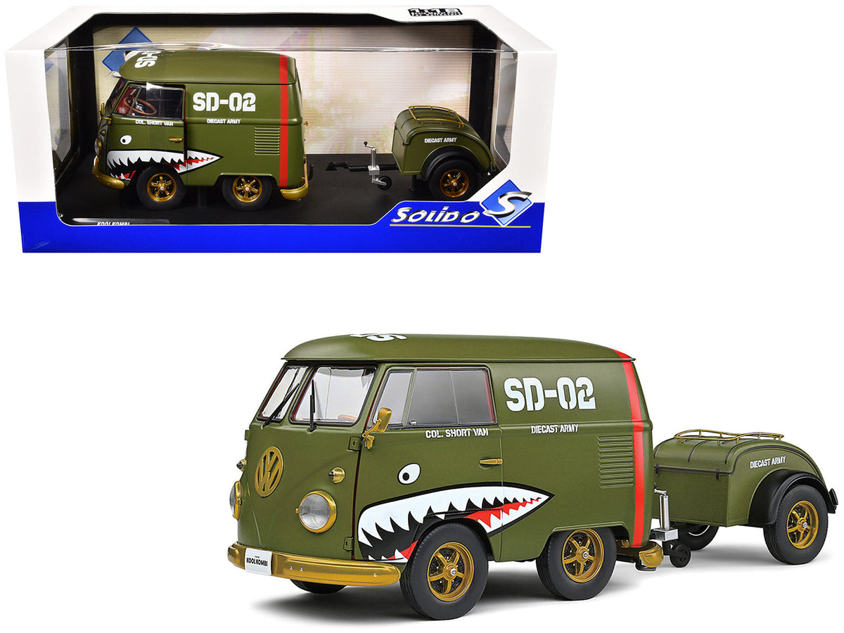 1950 Volkswagen Kool Kombi Van with Trailer "Army Fighter" Green with Graphics 1/18 Diecast Model Car by Solido  free shipping USA