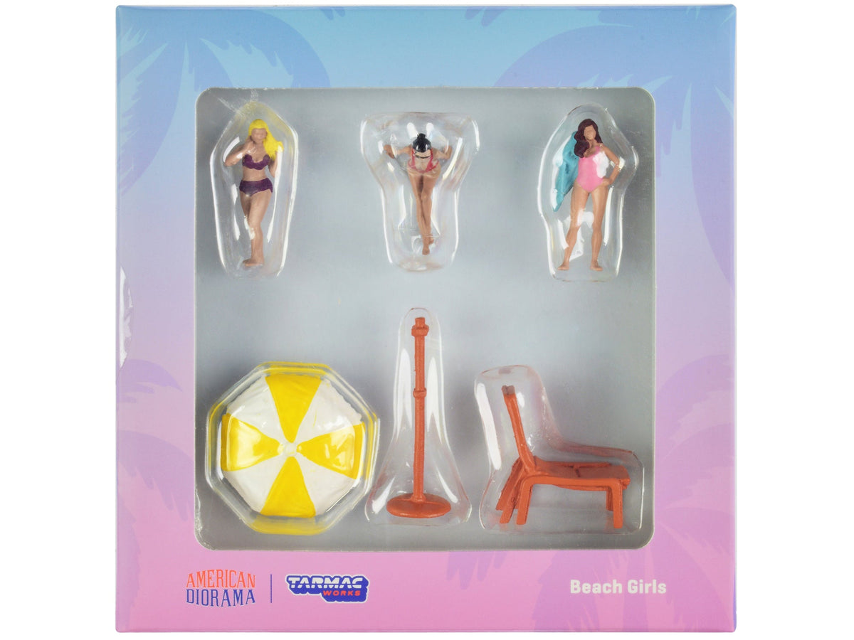 "Beach Girls" 5 piece Diecast Figure Set (3 Female Figures and 2 Beach Accessories) for 1/64 Scale Models by Tarmac Works & American Diorama  free shipping USA