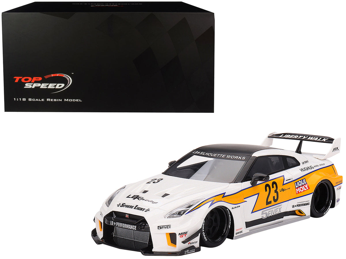 Nissan LB-Silhouette WORKS GT 35GT-RR Ver.1 RHD (Right Hand Drive) #23 White with Yellow Stripes "LB Racing" 1/18 Model Car by Top Speed  free shipping USA