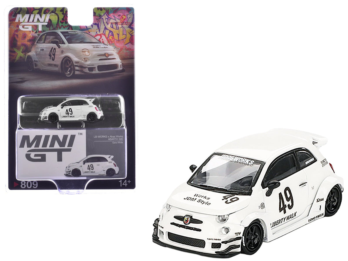 ABARTH 595 #49 "LB-Works x Abas Works" Gara White Limited Edition 1/64 Diecast Model Car by Mini GT  free shipping USA