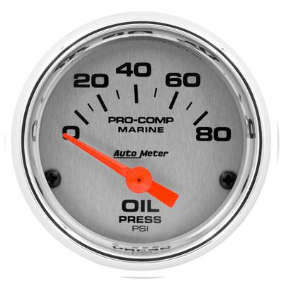 Auto Meter Marine Gauge, Pro-Comp Marine, Oil Pressure, 2 1/16 in., 0-80 psi, Short Sweep, Silver - 20074435