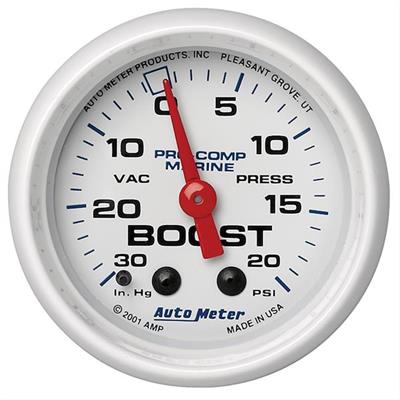 Auto Meter Marine Gauge/Analog, Boost/Vacuum, 30 in, Hg/20 psi, 2 1/16 in. Diameter, Full Sweep - 200774