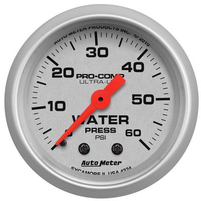 AutoMeter Gauge, Ultra-Lite, Water Pressure, 0-60 psi, 2 1/16 in., Analog, Mechanical, Each - 4324