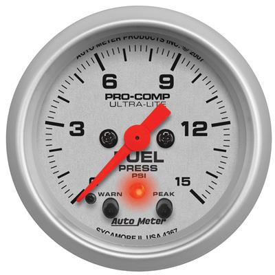 AutoMeter Gauge, Ultra-Lite, Fuel Pressure, 0-15 psi, 2 1/16 in., Analog, Electrical, Peak - 4367