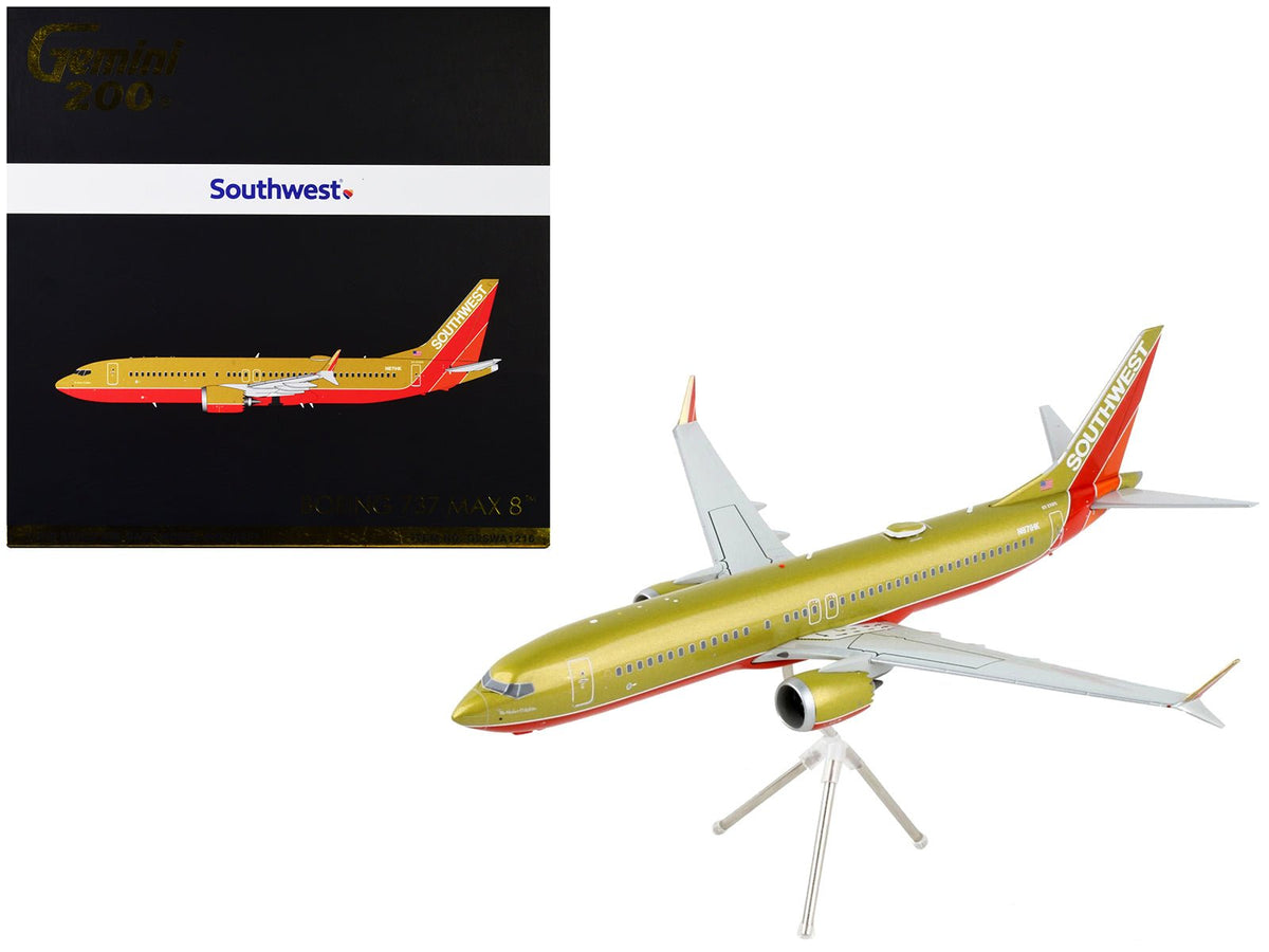 Boeing 737 MAX 8 Commercial Aircraft "Southwest Airlines" Gold and Red "Gemini 200" Series 1/200 Diecast Model Airplane by GeminiJets  free shipping USA
