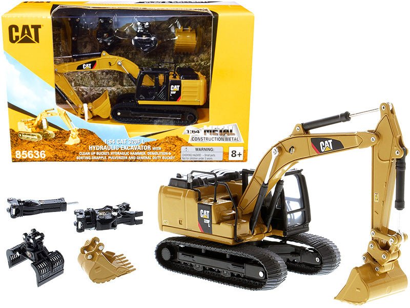 CAT Caterpillar 320F L Hydraulic Tracked Excavator with 5 Work Tools "Play & Collect!" 1/64 Diecast Model by Diecast Masters  free shipping USA
