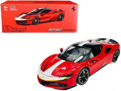 Ferrari SF90 Stradale Assetto Fiorano Red with White Stripes "Signature Series" 1/18 Diecast Model Car by Bburago  free shipping USA