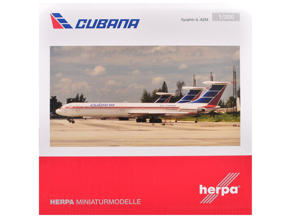 Ilyushin IL-62M Commercial Aircraft "Cubana de Aviacion" (T1280) White with Blue and Red Tail 1/200 Diecast Model Airplane by Herpa  free shipping USA