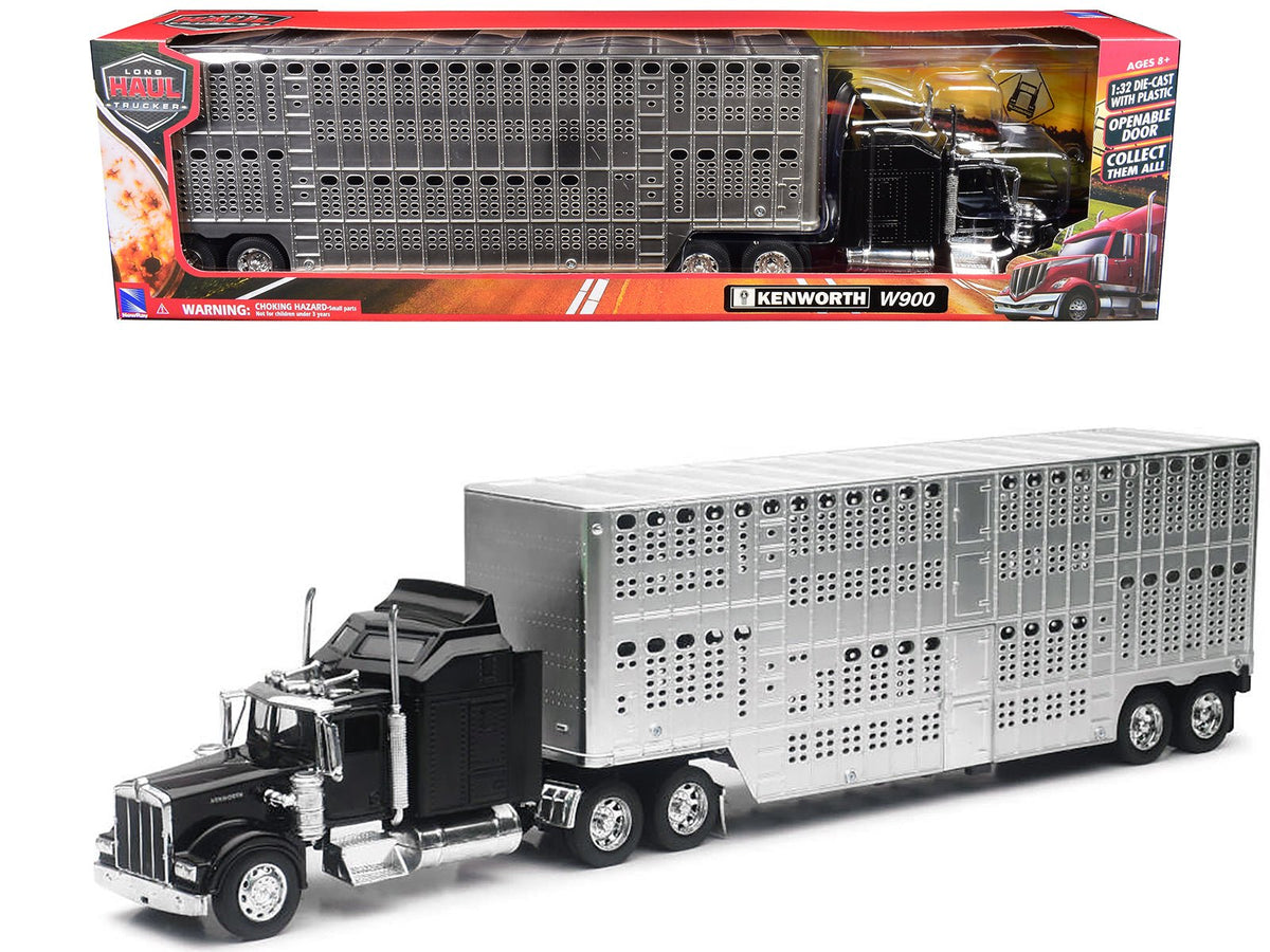 Kenworth W900 Truck Black with Pot Belly Livestock Chrome "Long Haul Truckers" Series 1/32 Diecast Model by New Ray  free shipping USA