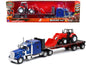 Kenworth W900 Truck with Flatbed Trailer Blue Metallic with Farm Tractor Red "Long Haul Truckers" Series 1/32 Diecast Model by New Ray  free shipping USA