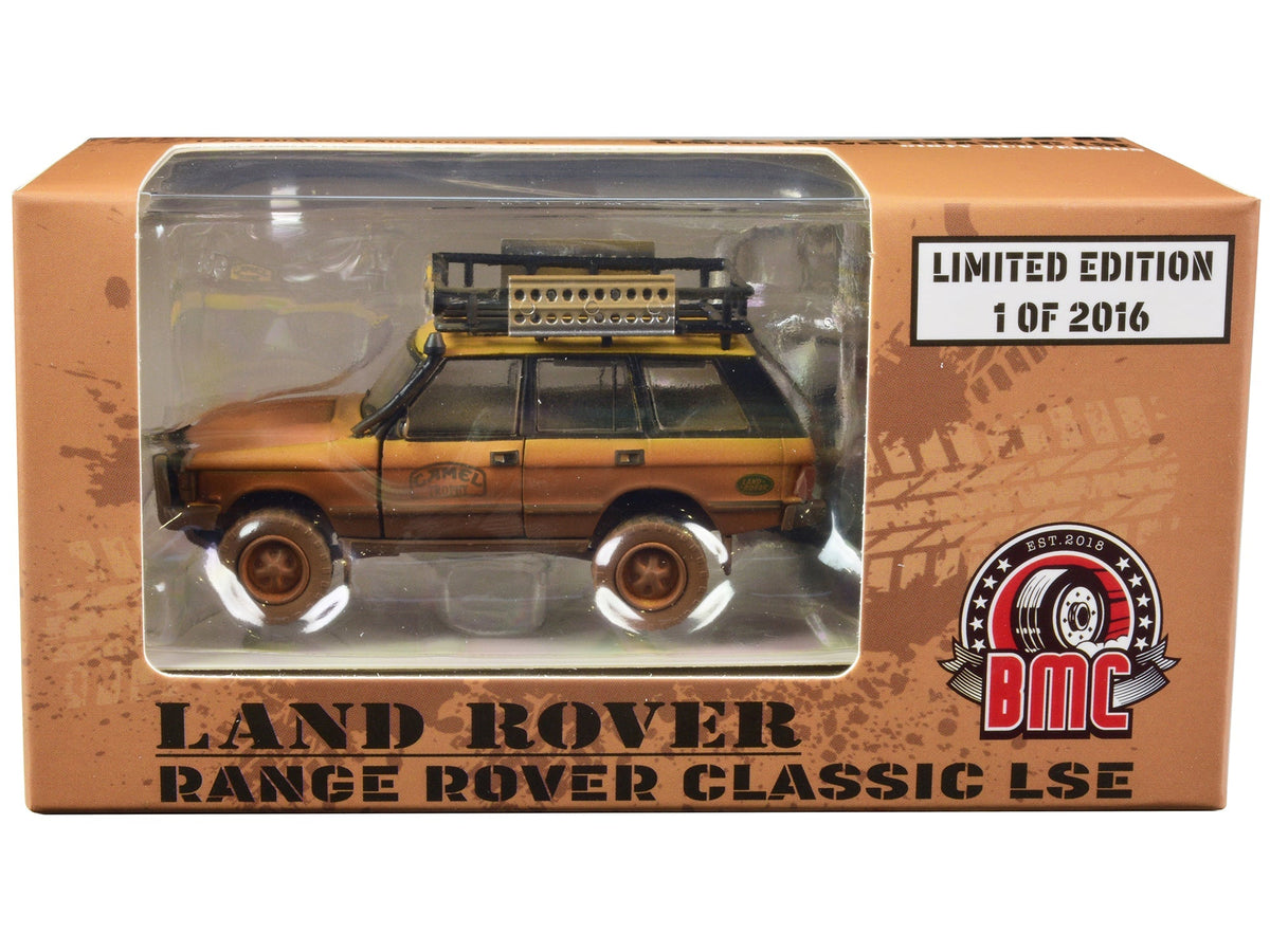 Land Rover Range Rover Classic LSE RHD (Right Hand Drive) "Camel Trophy" Yellow (Dirty Mud Version) with Roof Rack Extra Wheels and Accessories Limited Edition to 2016 pieces Worldwide 1/64 Diecast Model Car by BM Creations  free shipping USA