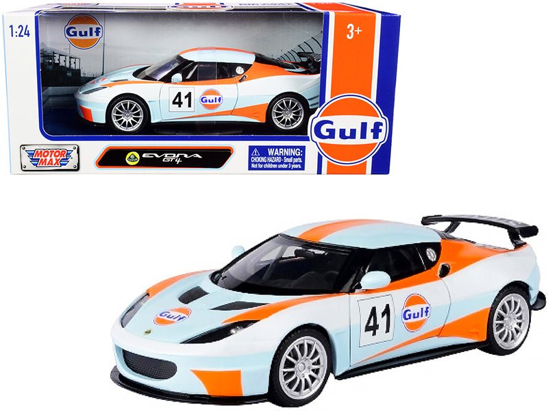 Lotus Evora GT4 #41 "Gulf Oil" Light Blue with White and Orange Stripes 1/24 Diecast Model Car by Motormax  free shipping USA