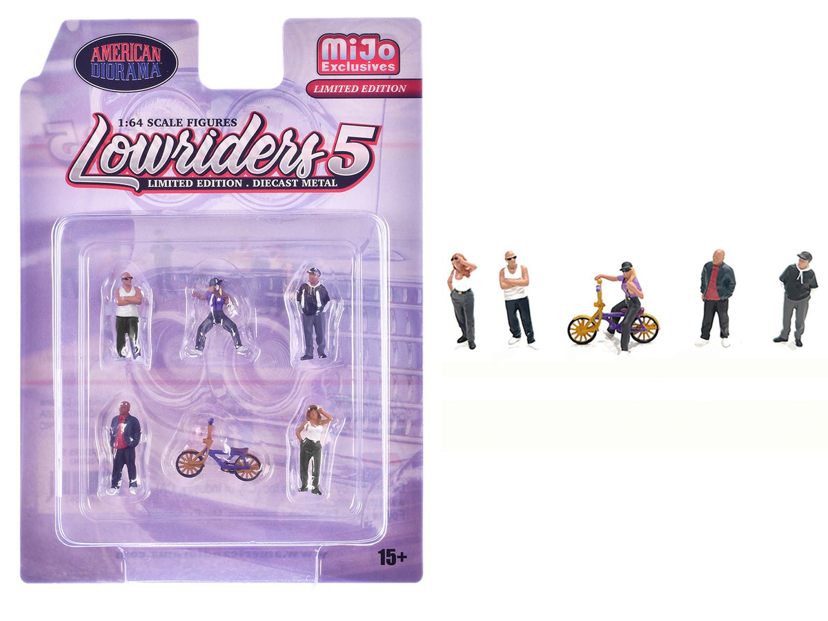 "Lowriders #5" 6 piece (5 People 1 Bicycle) Diecast Figures Set 1/64 Scale Models by American Diorama  free shipping USA