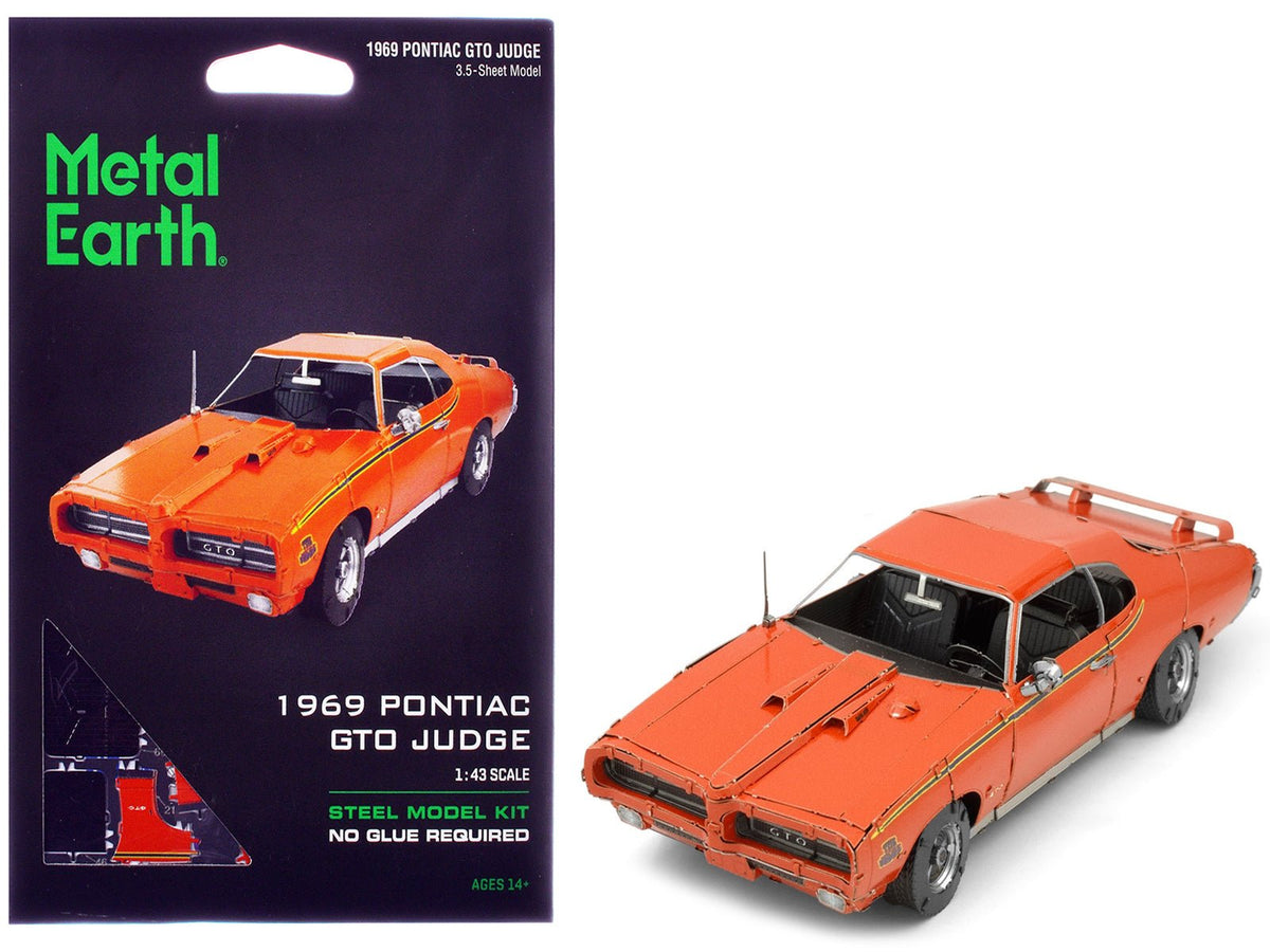 Model Kit 1969 Pontiac GTO Judge Orange with Black Stripes (Moderate Difficulty) Steel Model by Metal Earth  free shipping USA