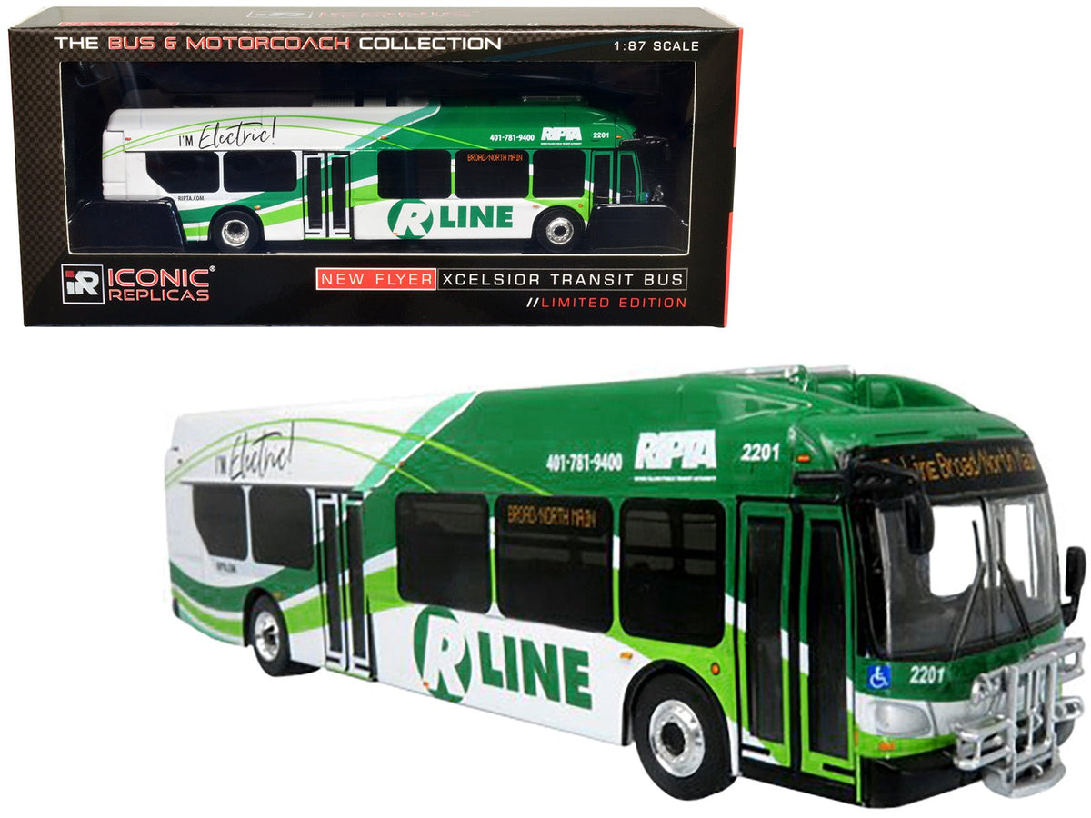 New Flyer Xcelsior Charge NG Electric Transit Bus RIPTA (Rhode Island Public Transit Authority) "R Line Broad/North Main" "The Bus & Motorcoach Collection" 1/87 Diecast Model by Iconic Replicas  free shipping USA